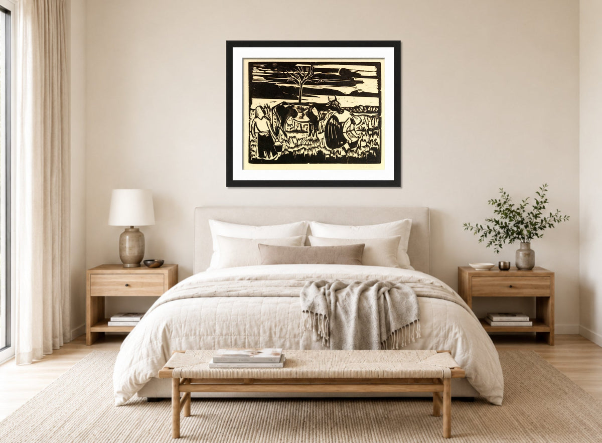 Hermann Max Pechstein Print, Cow with Women (1923) displayed above a bed