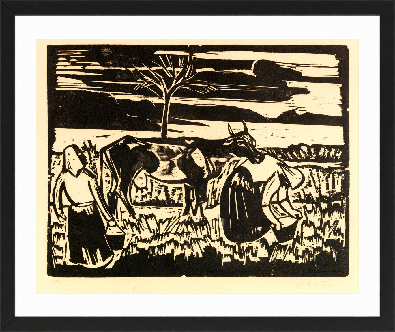 Hermann Max Pechstein Print, Cow with Women (1923) in a black frame