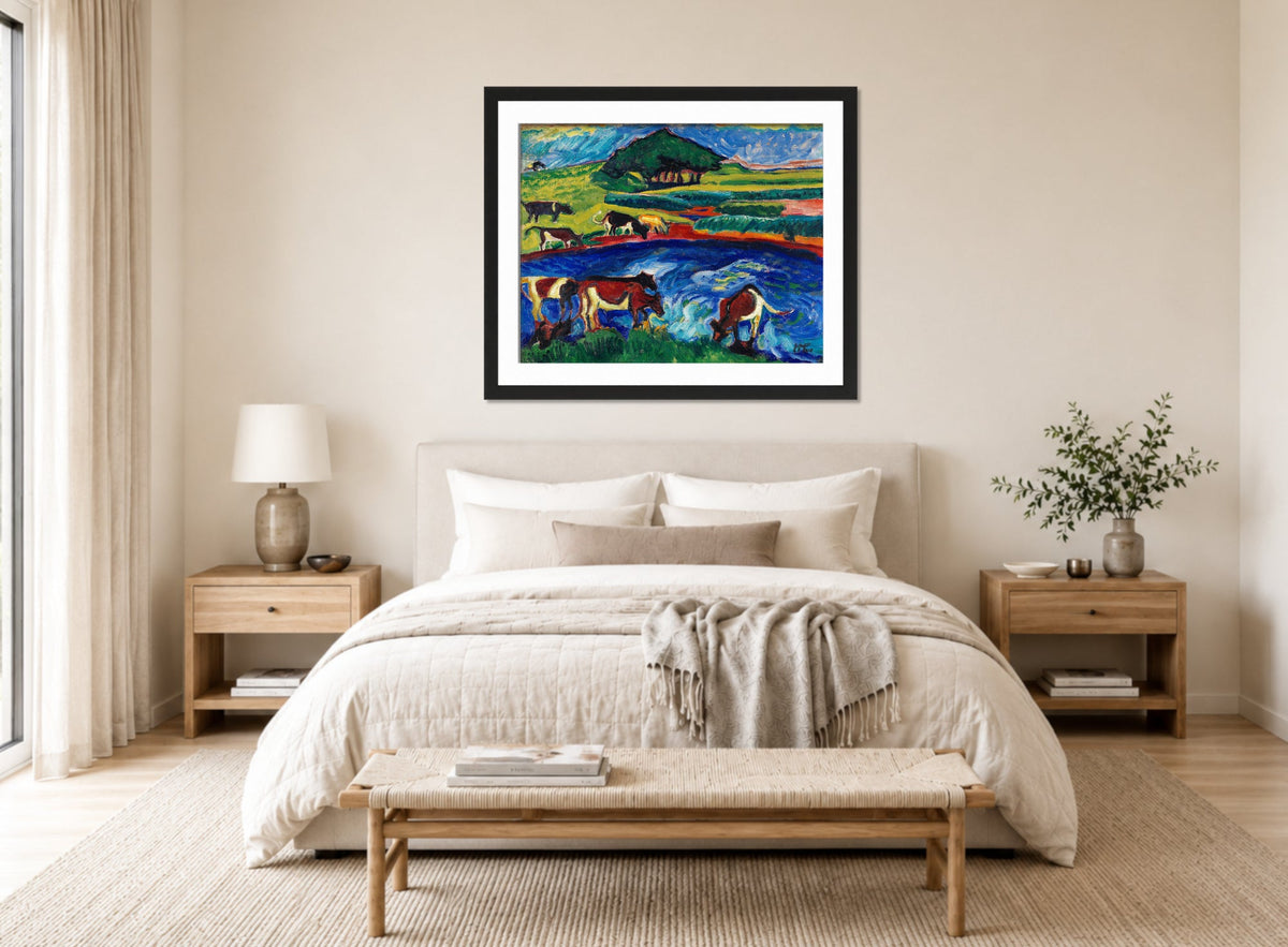 Hermann Max Pechstein Print, Cows (1910) displayed above a bed