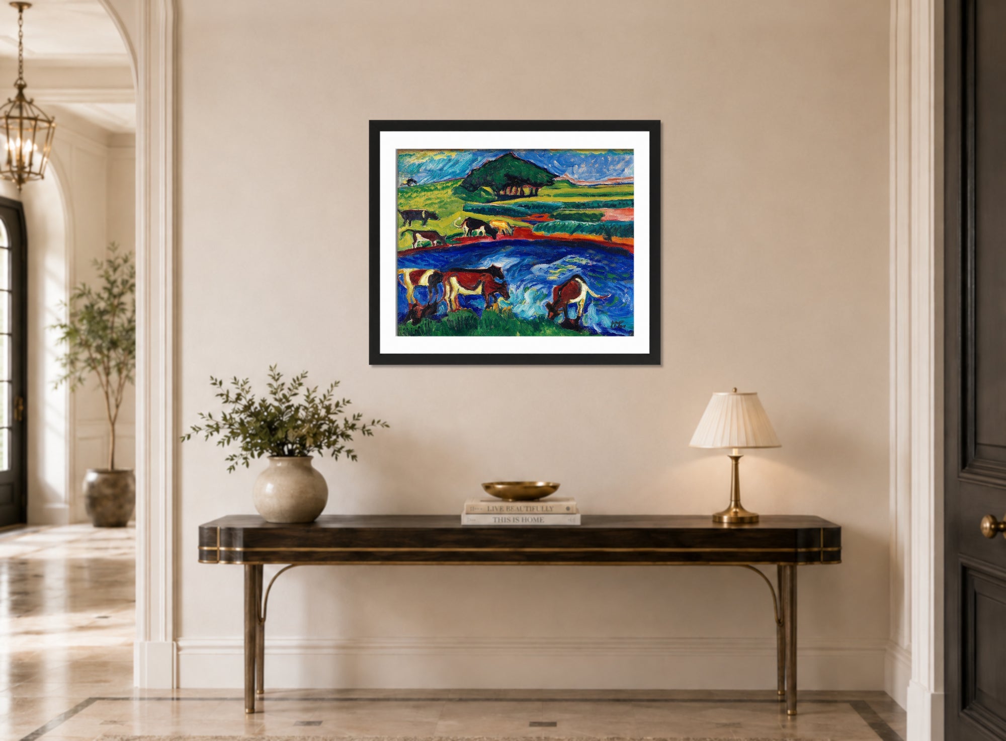 Hermann Max Pechstein Print, Cows (1910) displayed above a console table