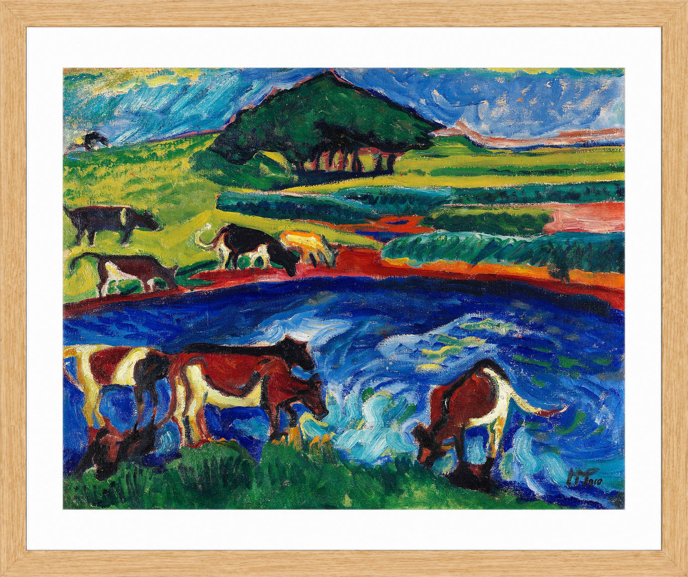 Hermann Max Pechstein Print, Cows (1910) in a light oak frame