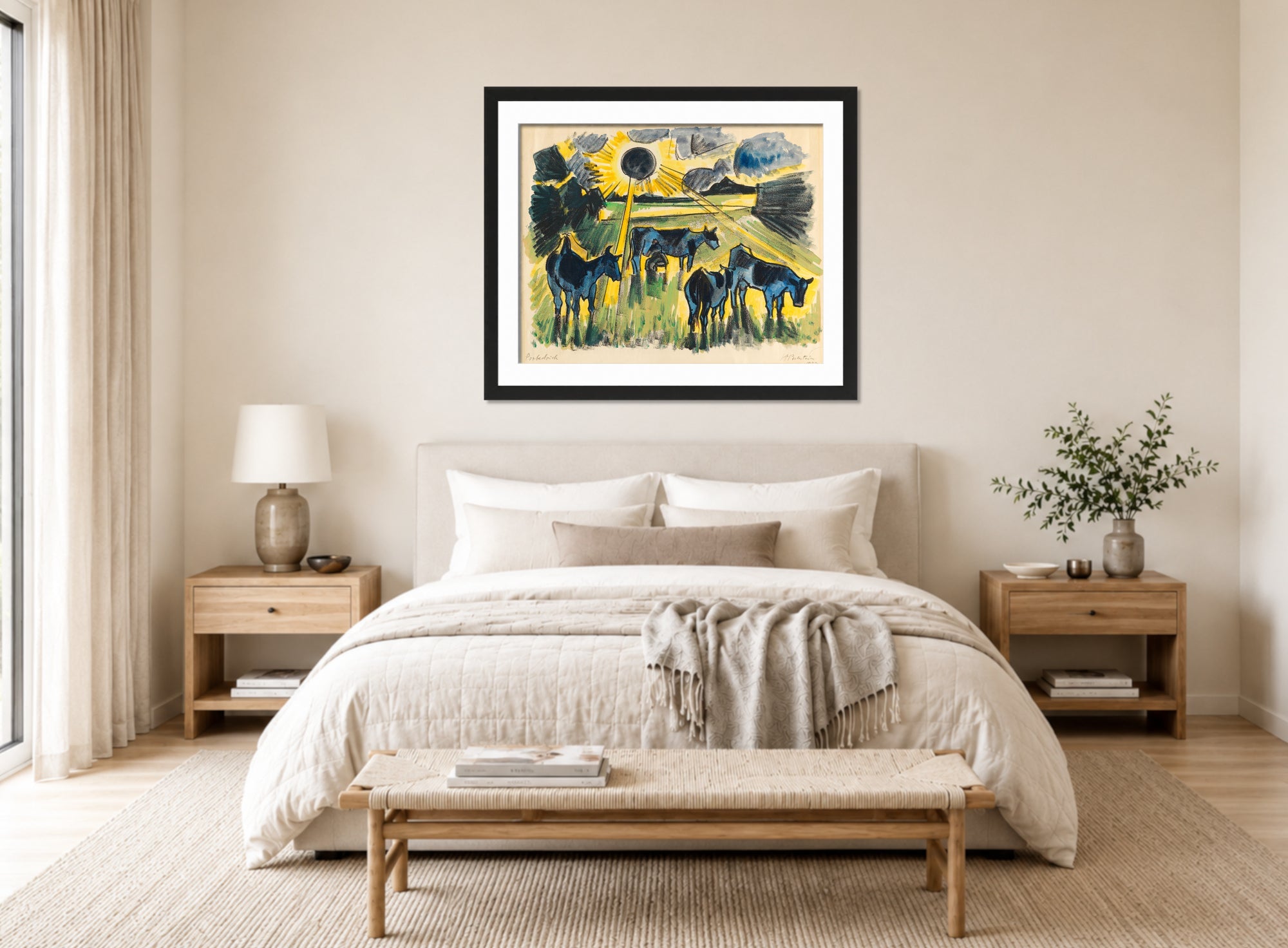 Hermann Max Pechstein Print, Cows in the pasture (1923) displayed above a bed