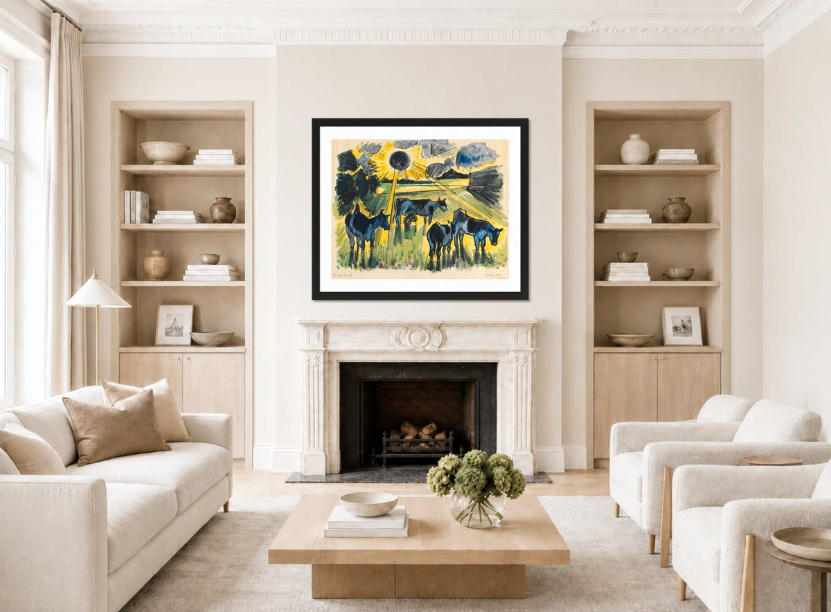 Hermann Max Pechstein Print, Cows in the pasture (1923) displayed in a living room