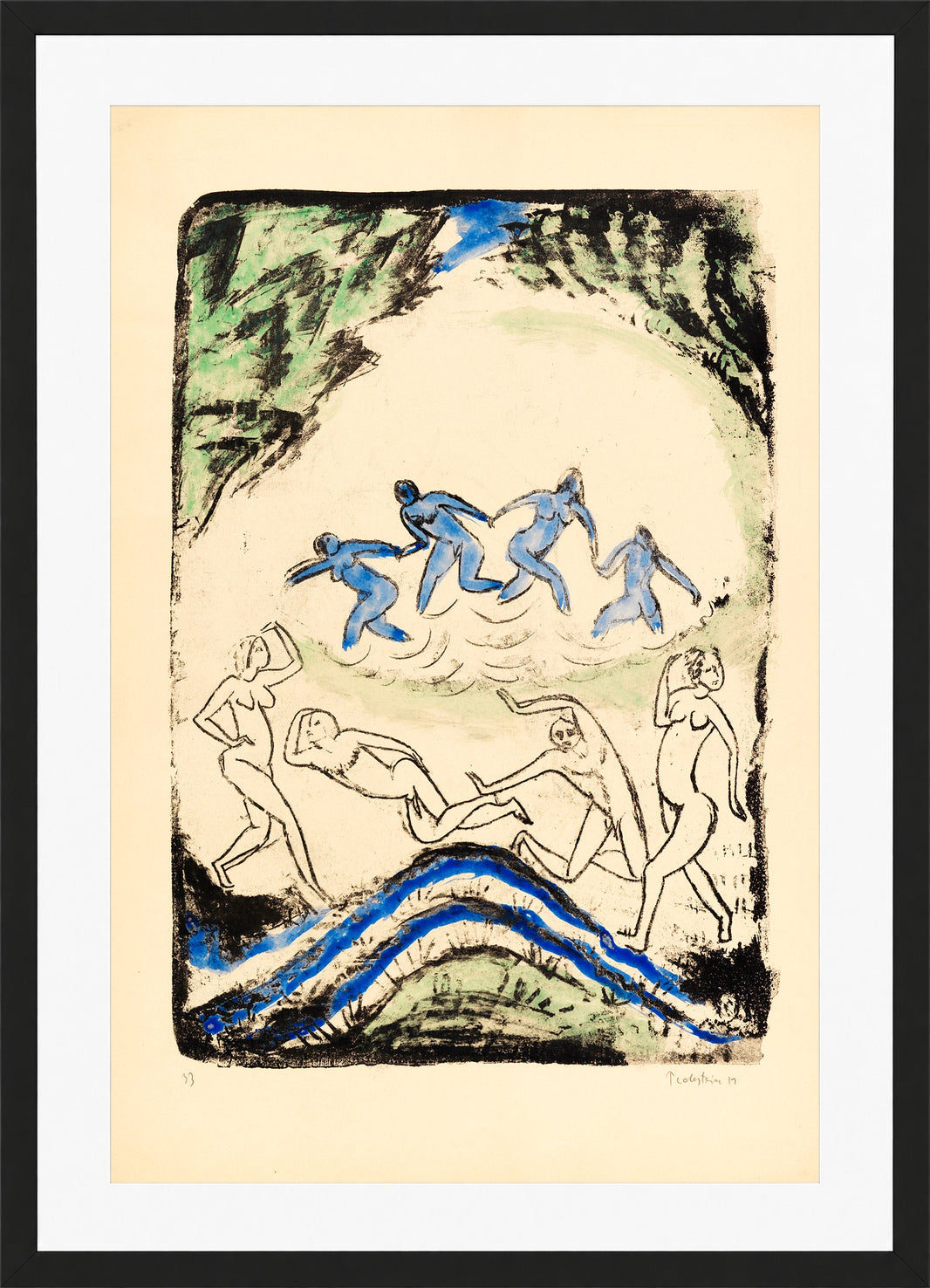 Hermann Max Pechstein Print, Dancers and bathers at the forest pond (1911) in a black frame