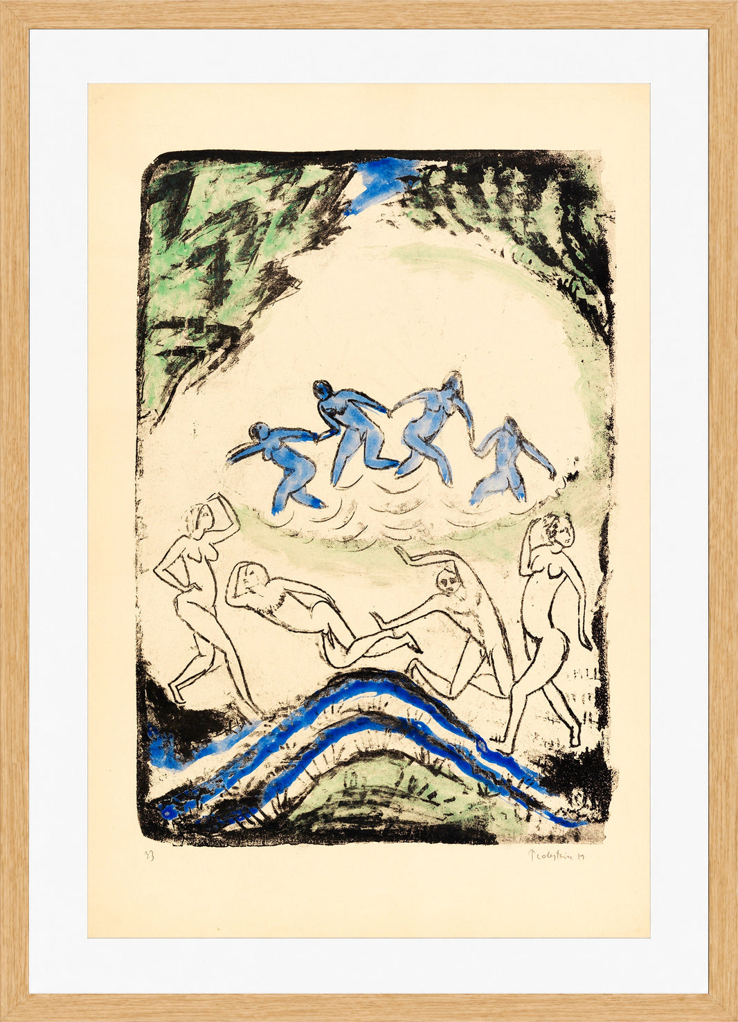 Hermann Max Pechstein Print, Dancers and bathers at the forest pond (1911) in a light oak frame