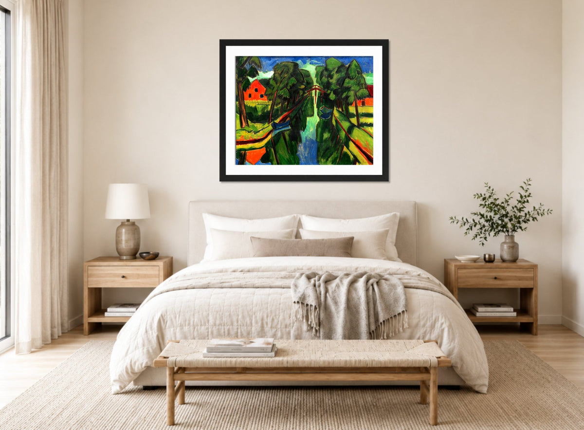 Hermann Max Pechstein Print, Der Mühlengraben (1921) displayed above a bed