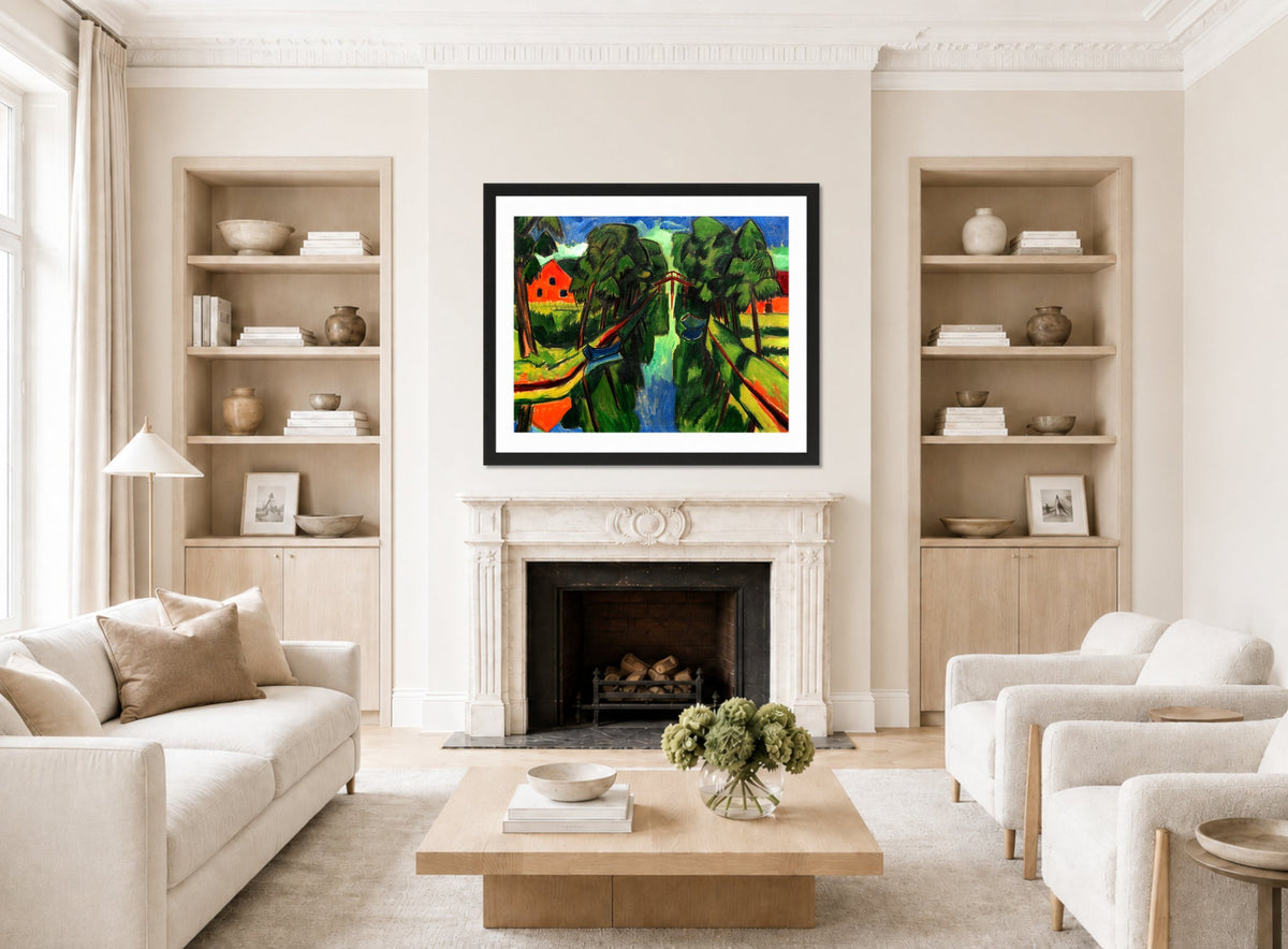 Hermann Max Pechstein Print, Der Mühlengraben (1921) displayed in a living room