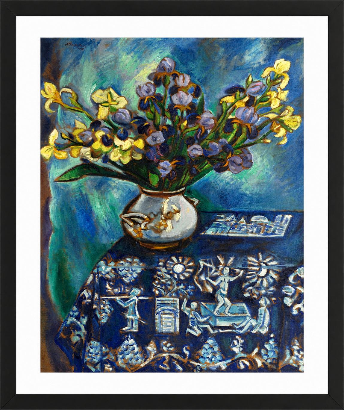 Hermann Max Pechstein Print, Die blaue Decke (Stilleben in Blau) (Blumenstilleben) (1918) in a black frame