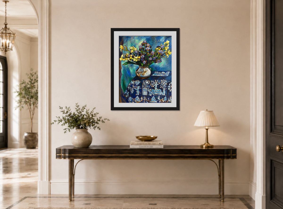 Hermann Max Pechstein Print, Die blaue Decke (Stilleben in Blau) (Blumenstilleben) (1918) displayed above a console table