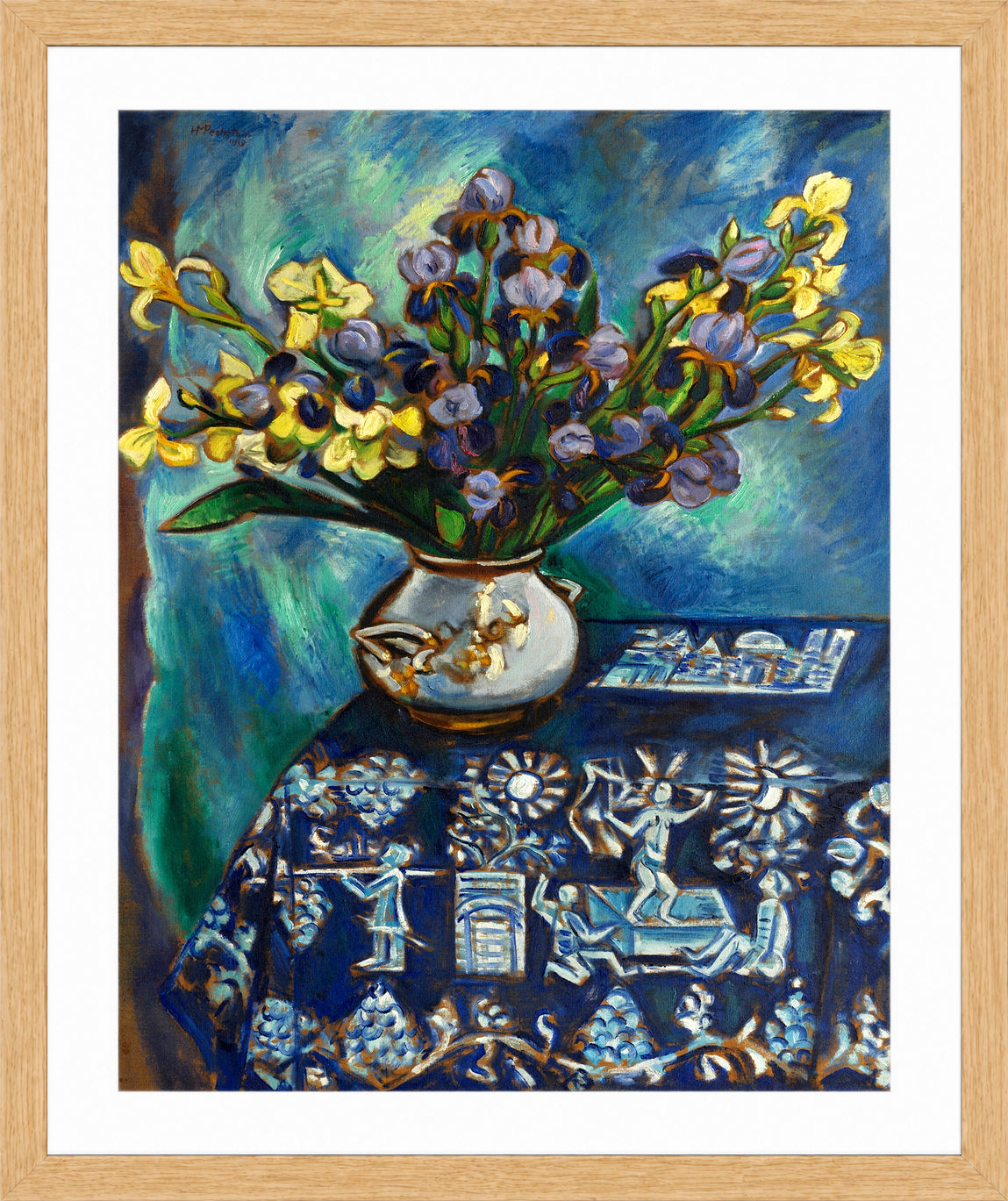 Hermann Max Pechstein Print, Die blaue Decke (Stilleben in Blau) (Blumenstilleben) (1918) in a light oak frame