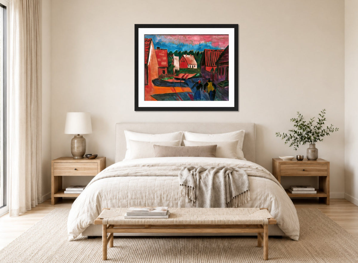 Hermann Max Pechstein Print, Dorfhäuser (1921) displayed above a bed