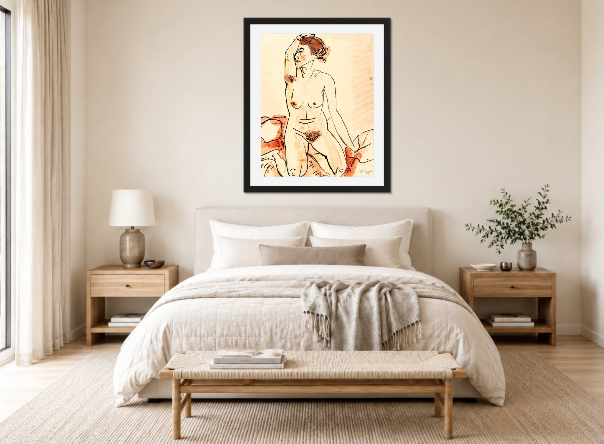 Hermann Max Pechstein Print, Female Nude (1918) displayed above a bed