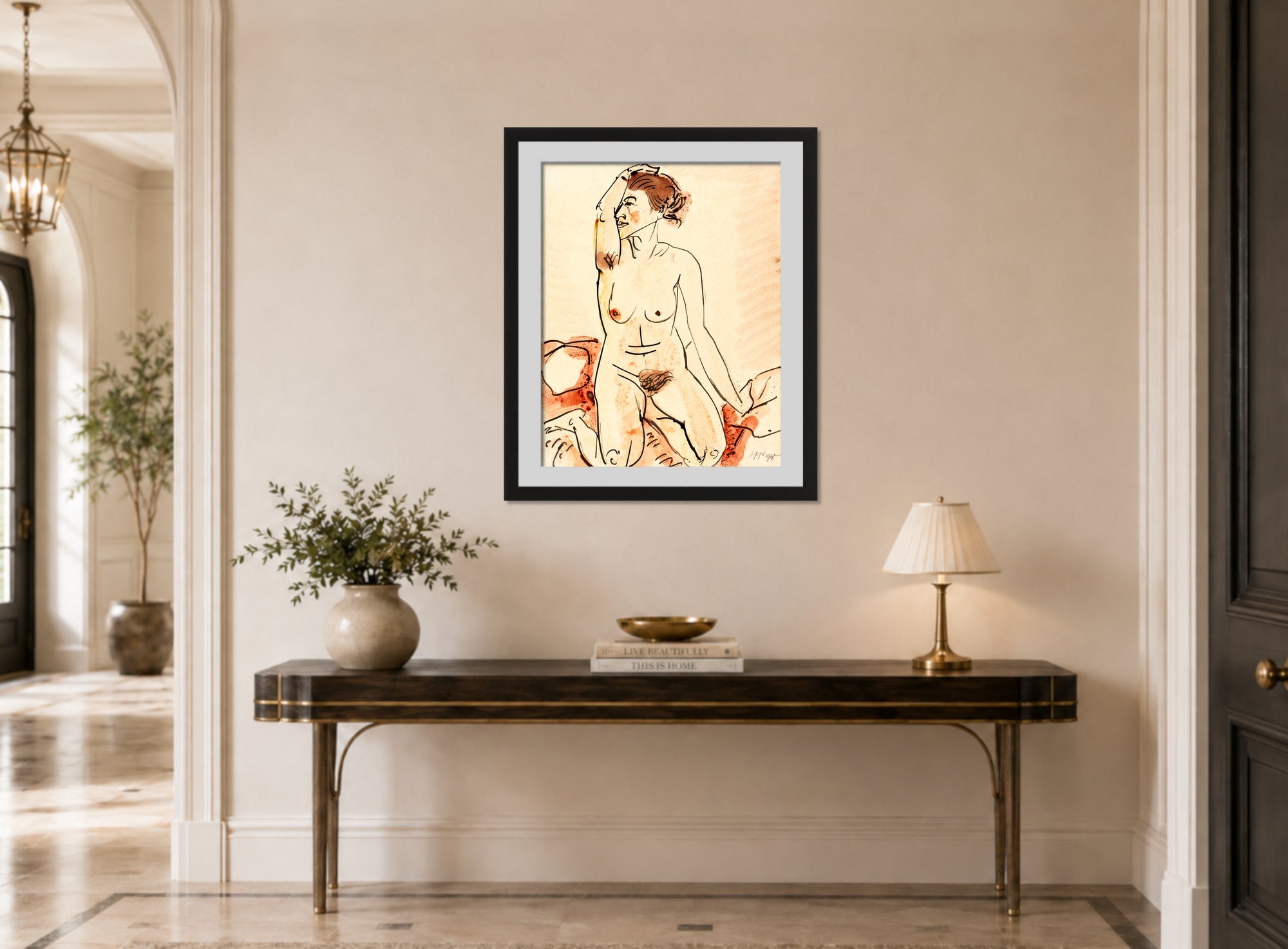 Hermann Max Pechstein Print, Female Nude (1918) displayed above a console table