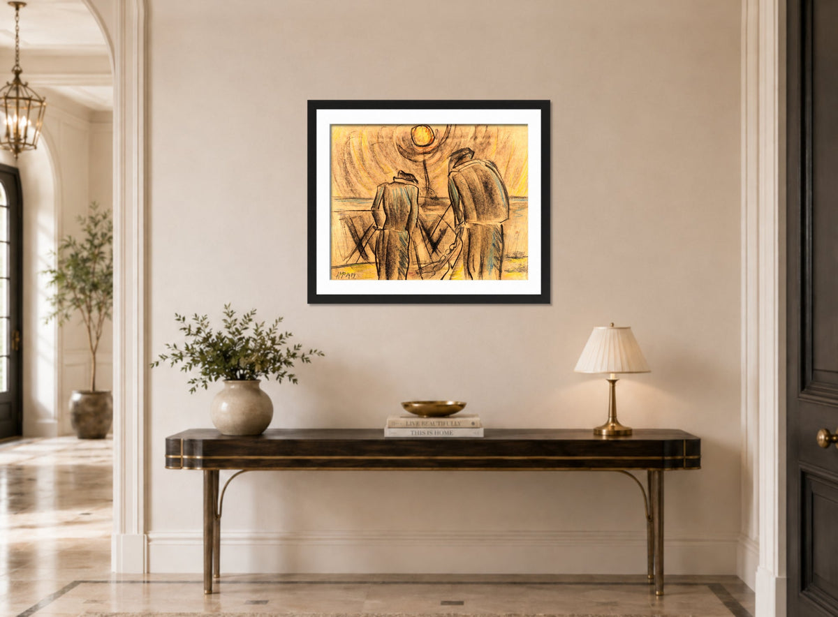 Hermann Max Pechstein Print, Fischer (1919) displayed above a console table
