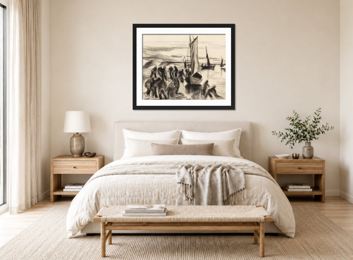 Hermann Max Pechstein Print, Fischer mit Booten an der Lupow-Mündung in Pommern (1930) displayed above a bed