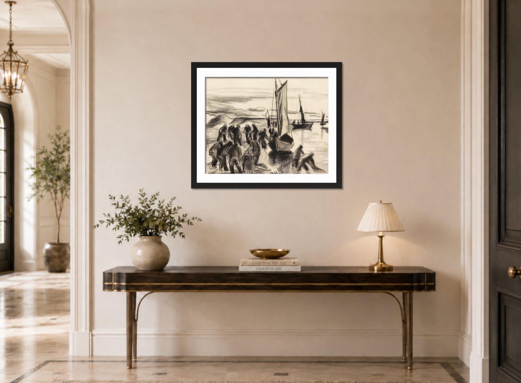 Hermann Max Pechstein Print, Fischer mit Booten an der Lupow-Mündung in Pommern (1930) displayed above a console table