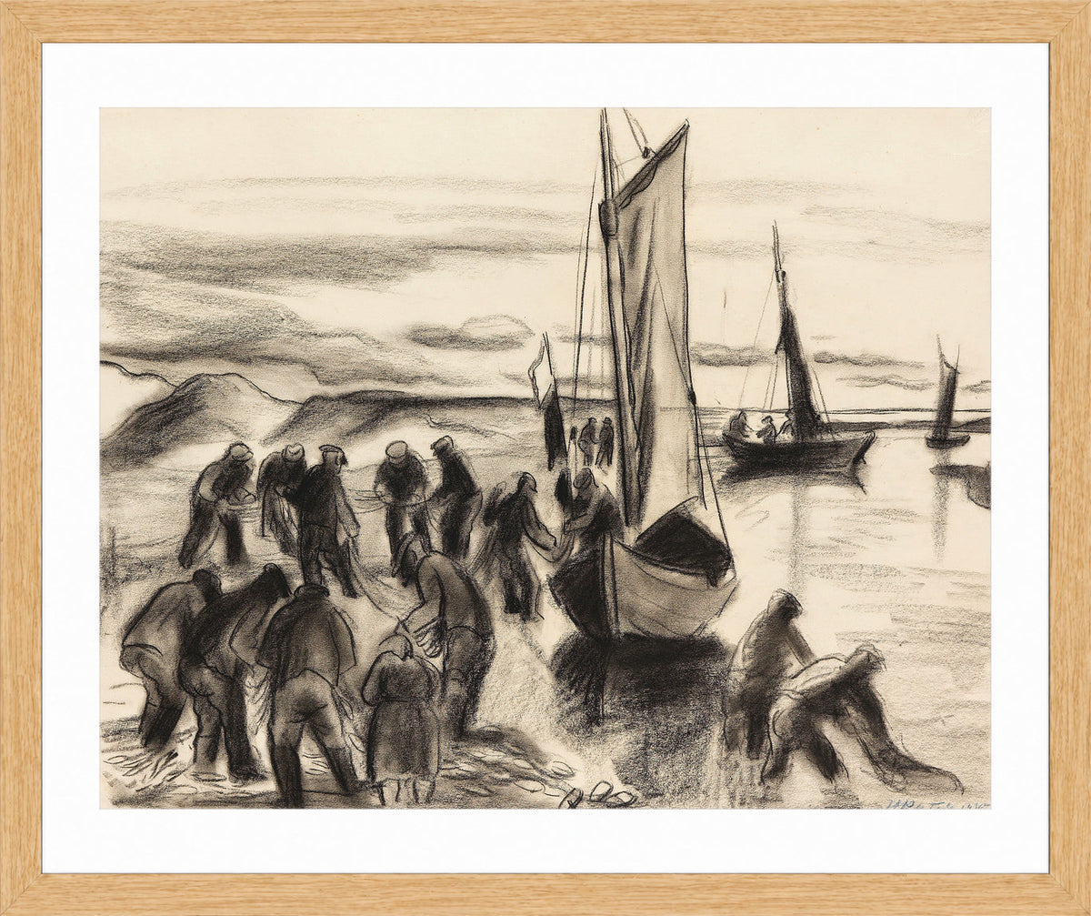 Hermann Max Pechstein Print, Fischer mit Booten an der Lupow-Mündung in Pommern (1930) in a light oak frame