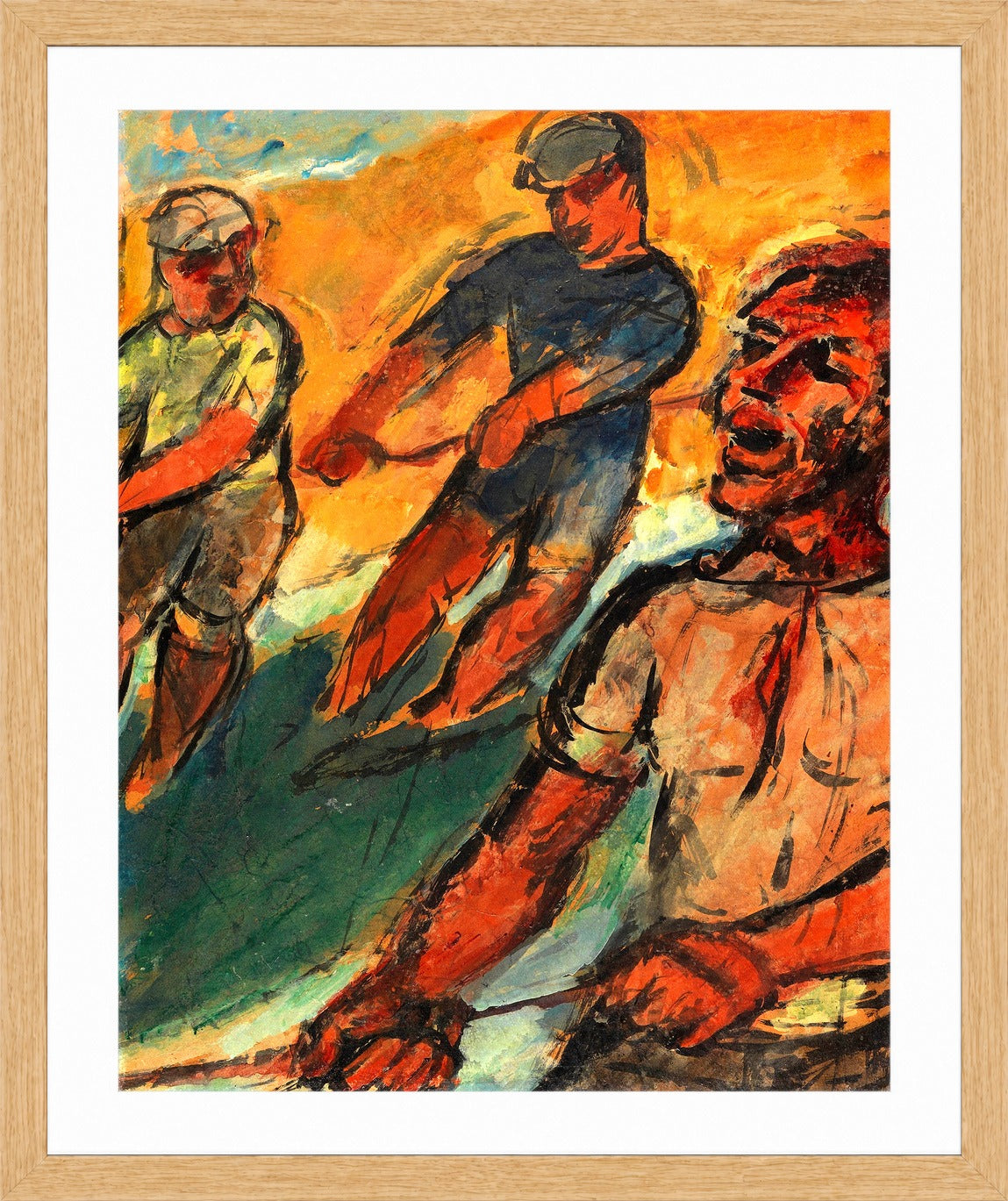 Hermann Max Pechstein Print, Fischer Netz ziehend (1924) in a light oak frame