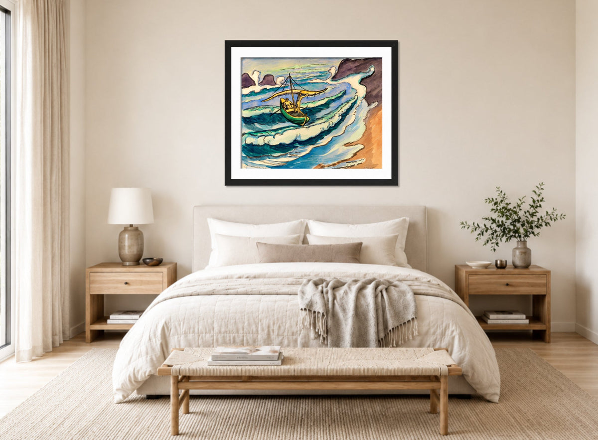 Hermann Max Pechstein Print, Fischerleben Monterosso (1951) displayed above a bed