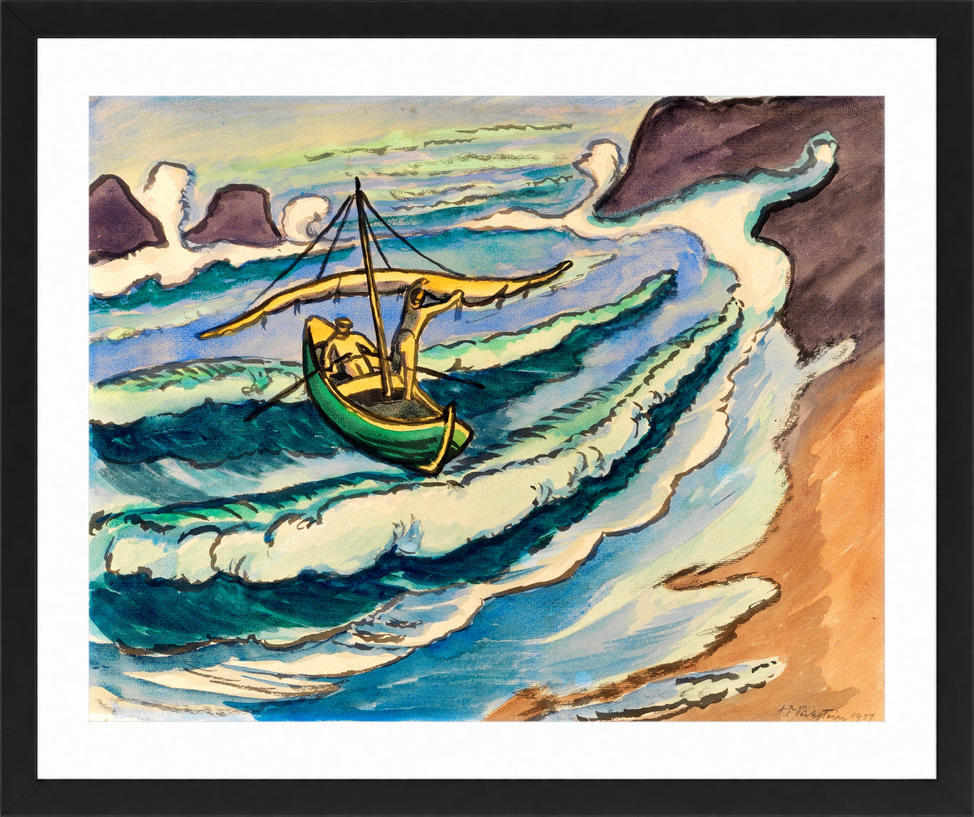 Hermann Max Pechstein Print, Fischerleben Monterosso (1951) in a black frame