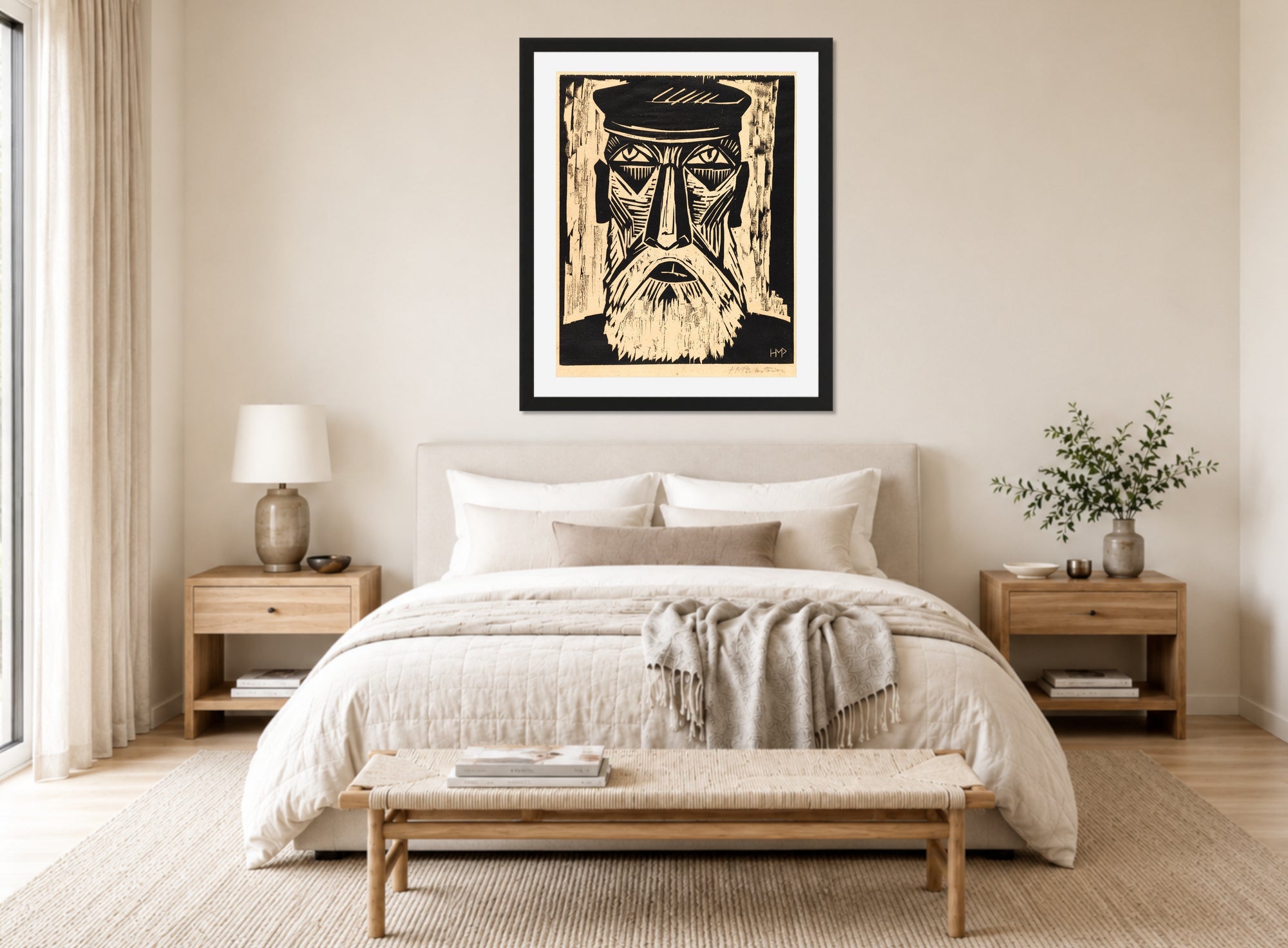 Hermann Max Pechstein Print, Fisherman’s Head IX (1921) displayed above a bed