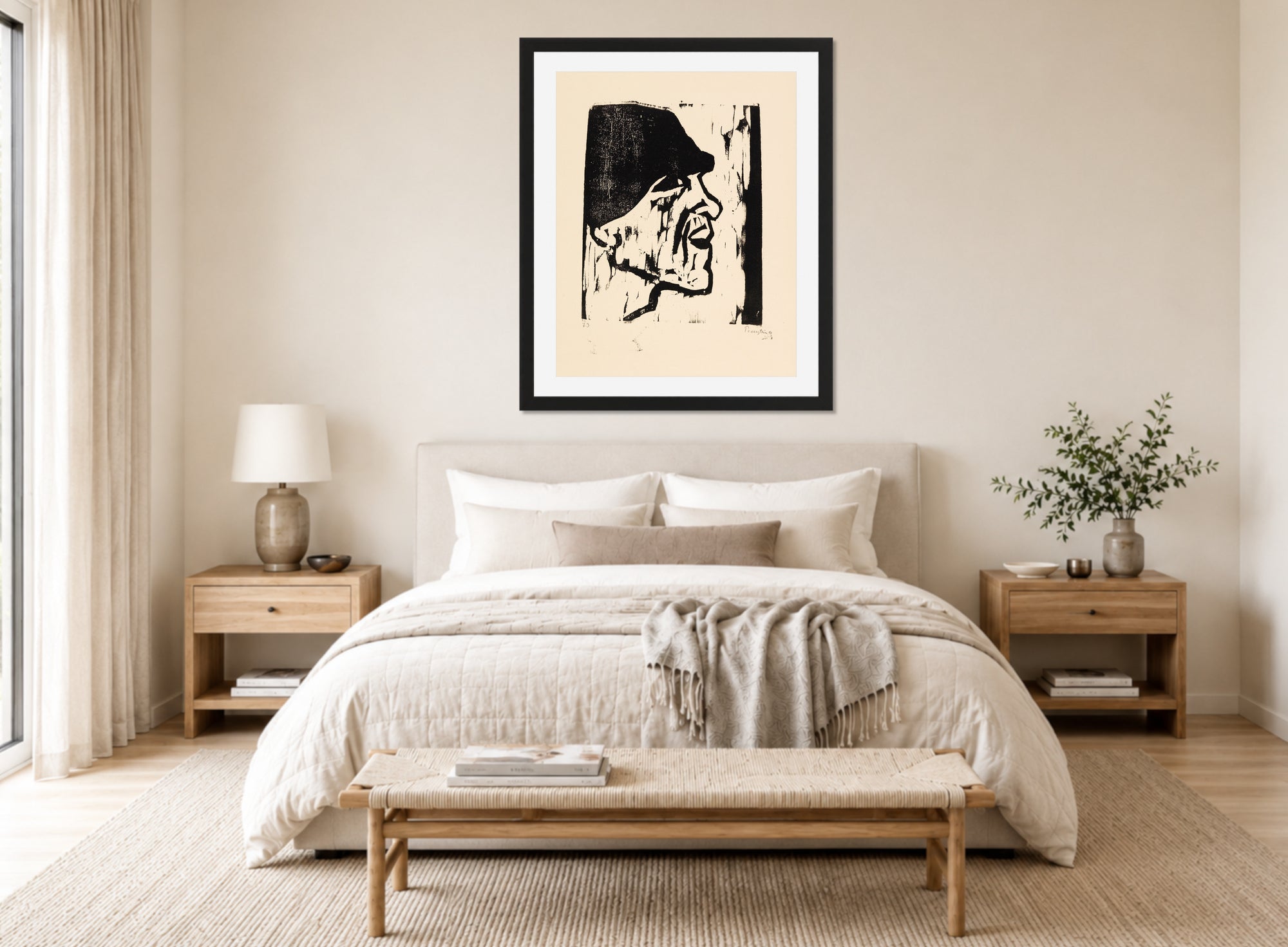 Hermann Max Pechstein Print, Fisherman’s Head VII (1911) displayed above a bed