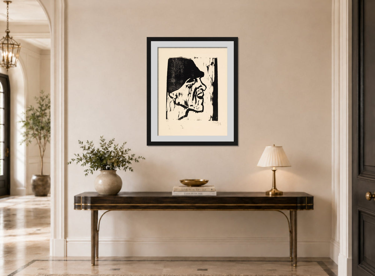 Hermann Max Pechstein Print, Fisherman’s Head VII (1911) displayed above a console table