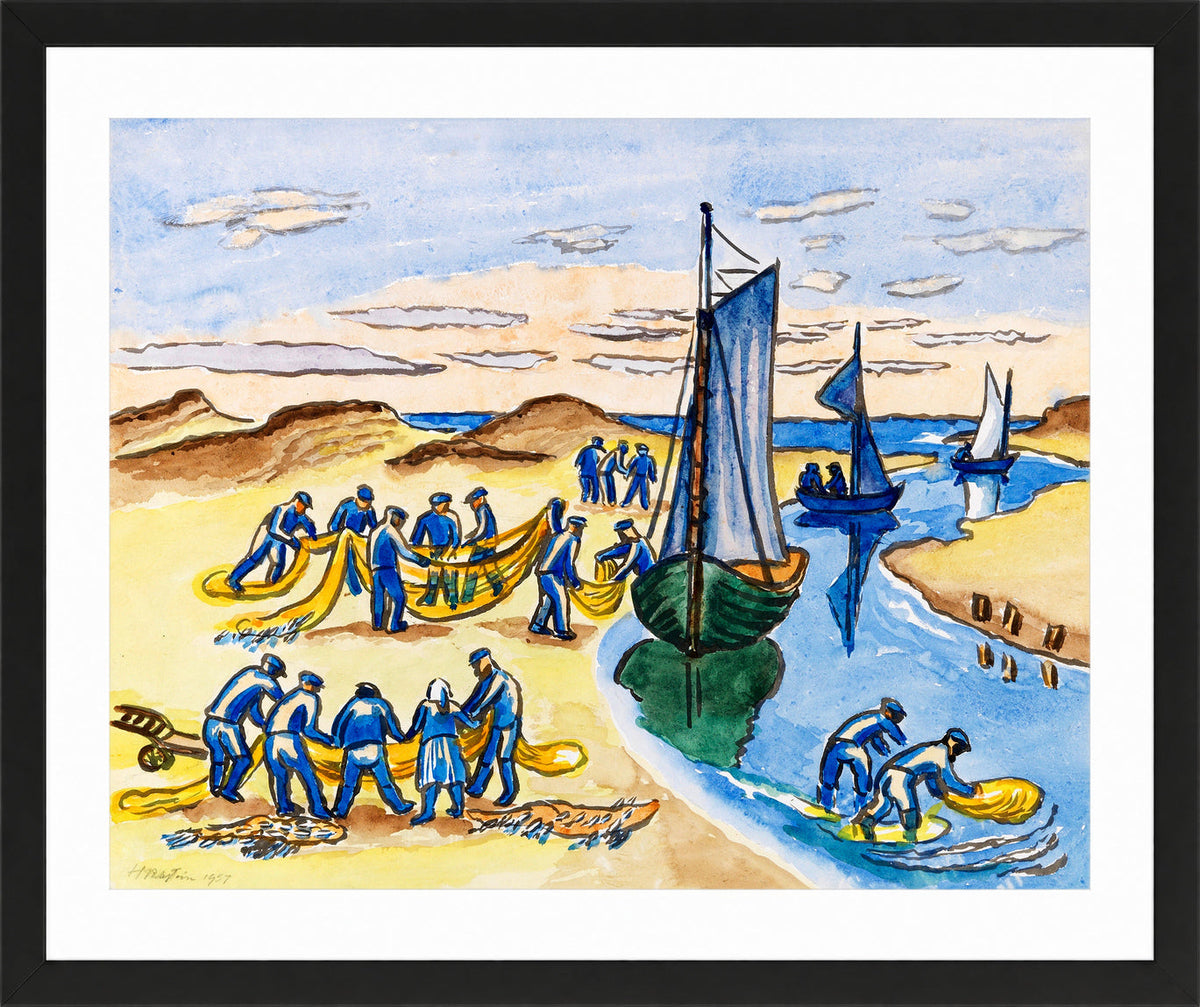 Hermann Max Pechstein Print, Fishermen at work on the beach (1951) in a black frame