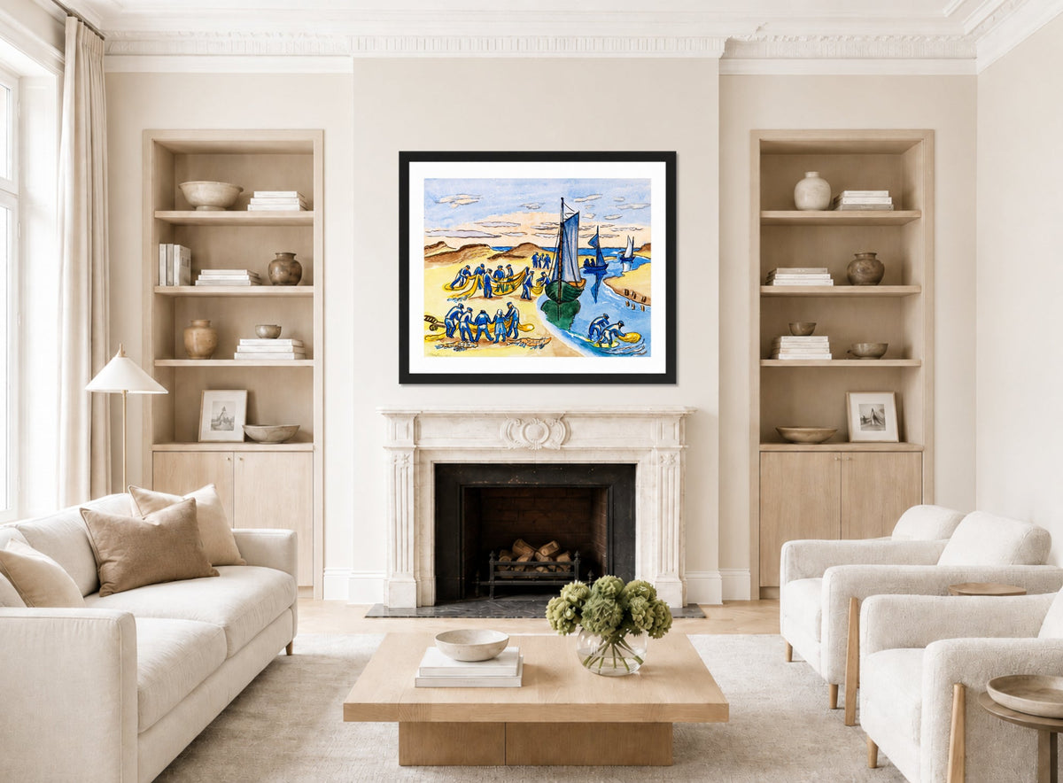 Hermann Max Pechstein Print, Fishermen at work on the beach (1951) displayed in a living room