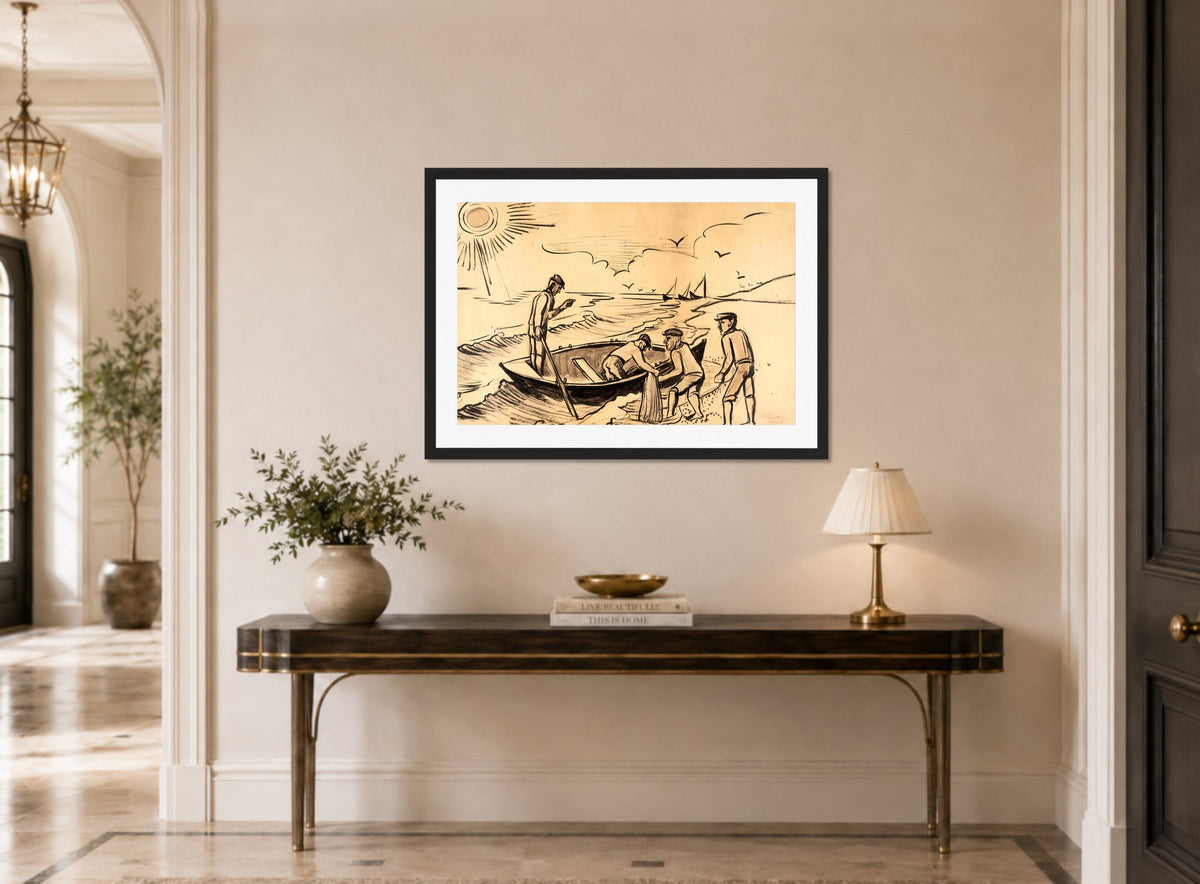 Hermann Max Pechstein Print, Fishermen by the Sea (1920) displayed above a console table
