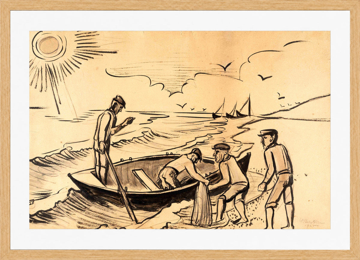 Hermann Max Pechstein Print, Fishermen by the Sea (1920) in a light oak frame