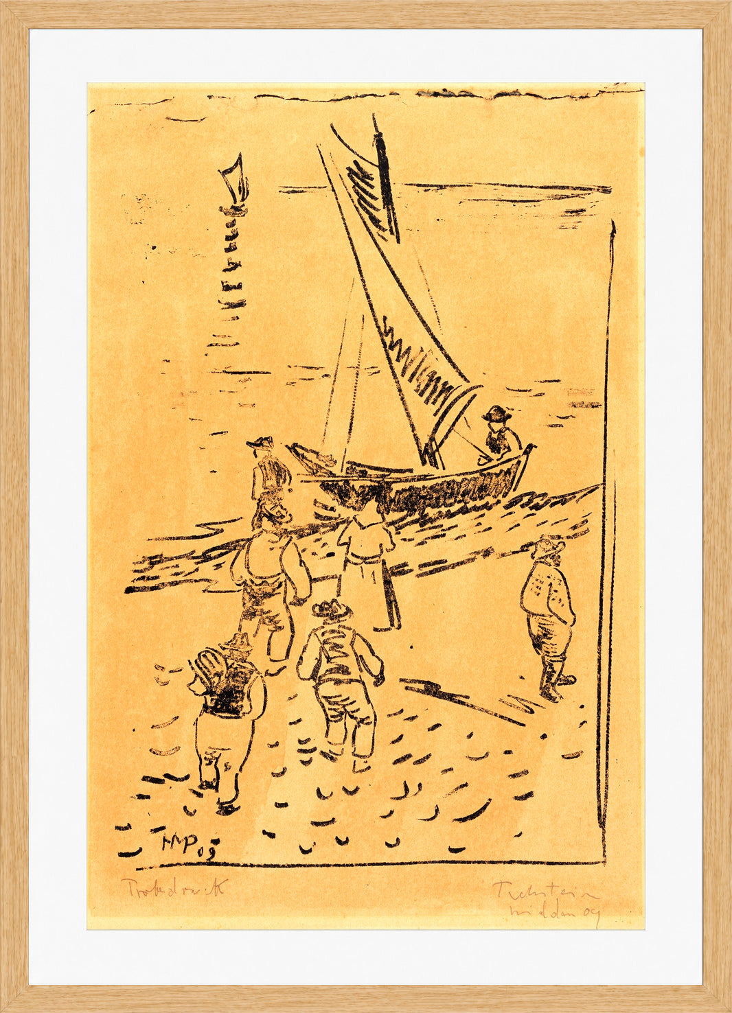 Hermann Max Pechstein Print, Fishermen on the Beach (1909) in a light oak frame