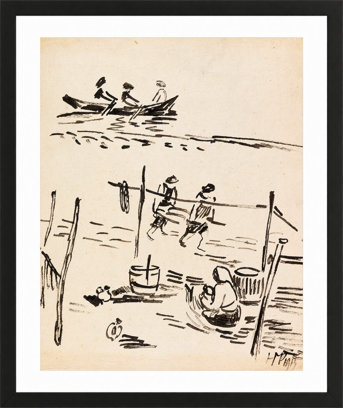 Hermann Max Pechstein Print, Fishermen on the Beach (1912) in a black frame