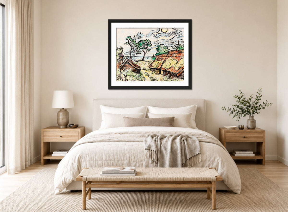 Hermann Max Pechstein Print, Fishermen’s houses in Ückeritz (1949) displayed above a bed