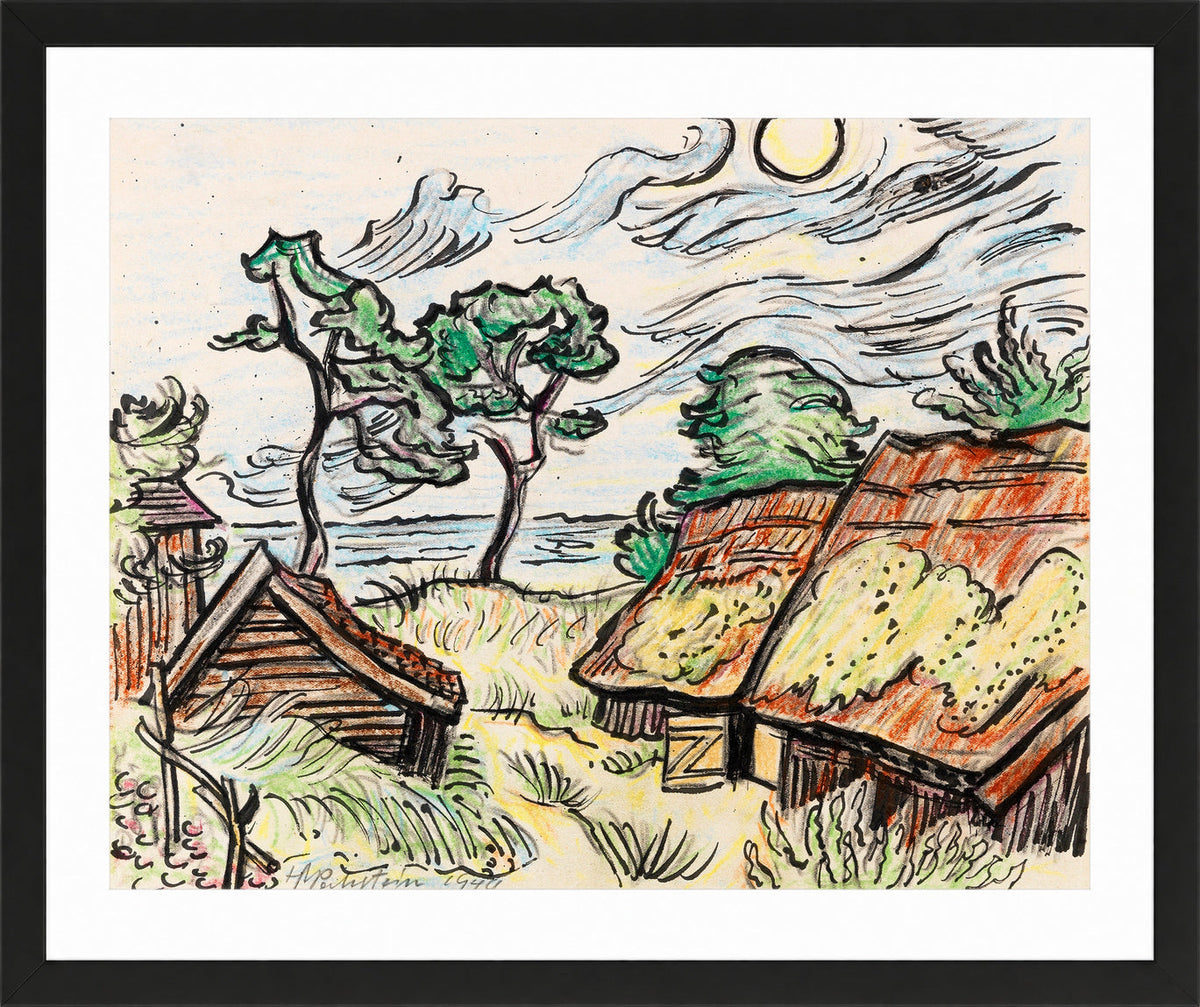 Hermann Max Pechstein Print, Fishermen’s houses in Ückeritz (1949) in a black frame