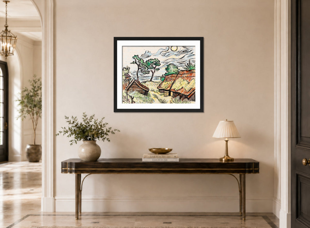 Hermann Max Pechstein Print, Fishermen’s houses in Ückeritz (1949) displayed above a console table