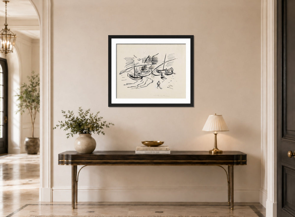 Hermann Max Pechstein Print, Fishermen’s Life, Monterosso (1924) displayed above a console table