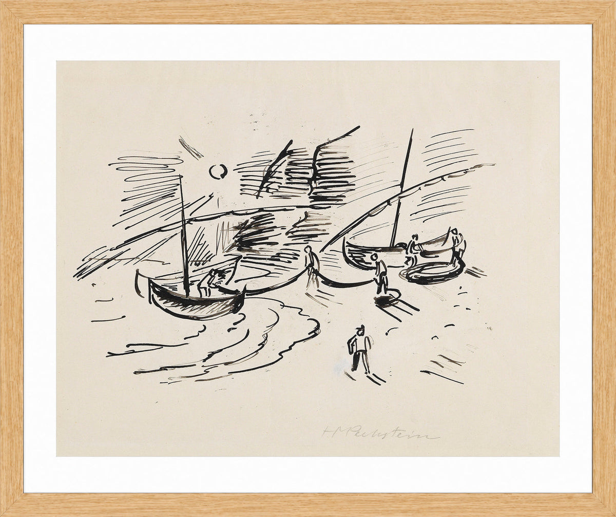 Hermann Max Pechstein Print, Fishermen’s Life, Monterosso (1924) in a light oak frame