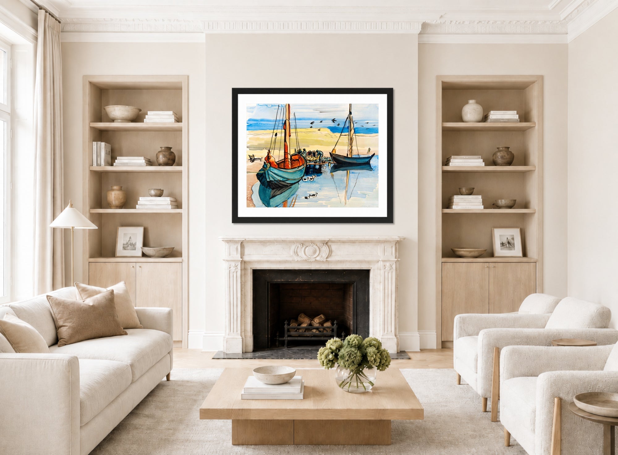 Hermann Max Pechstein Print, Fishing boats (1931) displayed in a living room