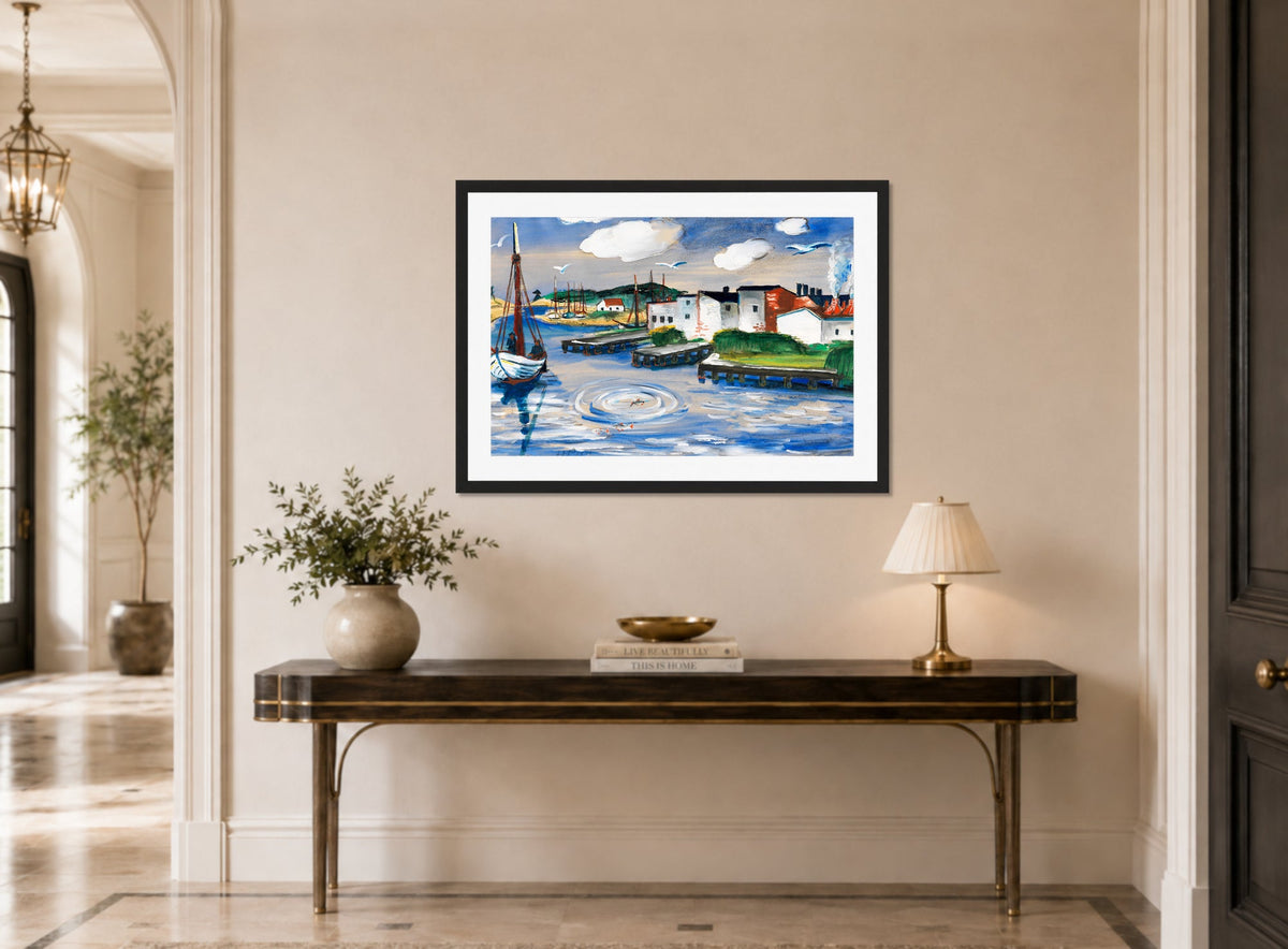 Hermann Max Pechstein Print, Fishing harbor in Leba (1921) displayed above a console table