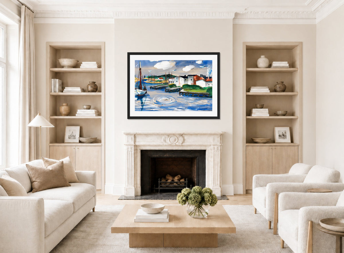 Hermann Max Pechstein Print, Fishing harbor in Leba (1921) displayed in a living room