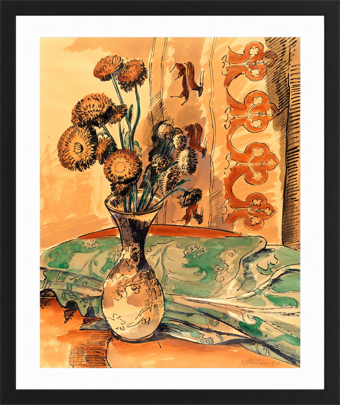 Hermann Max Pechstein Print, Flower Still Life with Green Blanket (1927) in a black frame