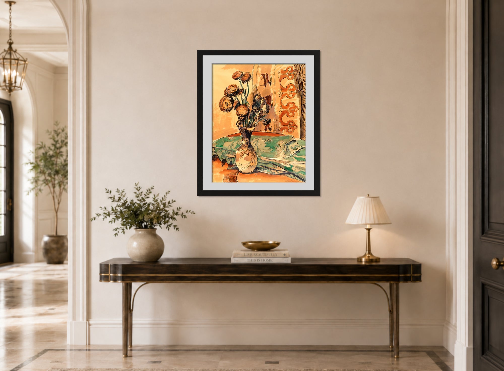 Hermann Max Pechstein Print, Flower Still Life with Green Blanket (1927) displayed above a console table