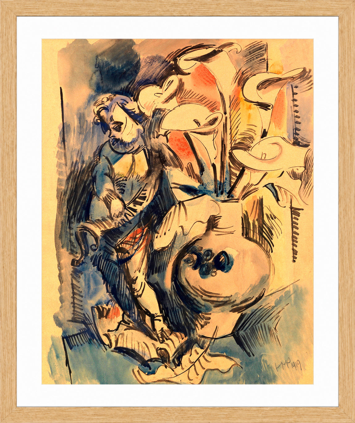 Hermann Max Pechstein Print, Flower Still Life with Puto and Calla (1919) in a light oak frame