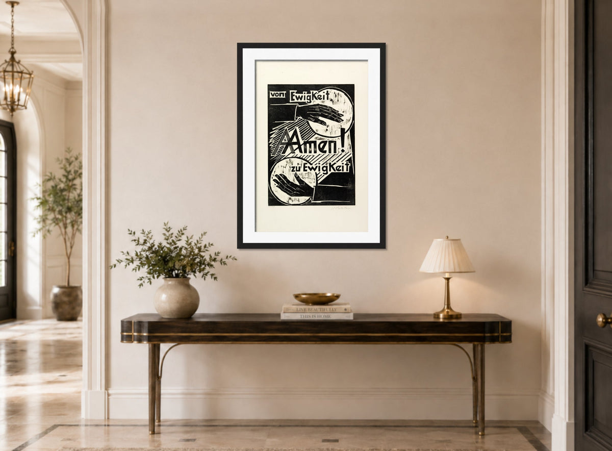 Hermann Max Pechstein Print, For ever and ever Amen (Von Ewigkeit zu Ewigkeit Amen) (1921) displayed above a console table