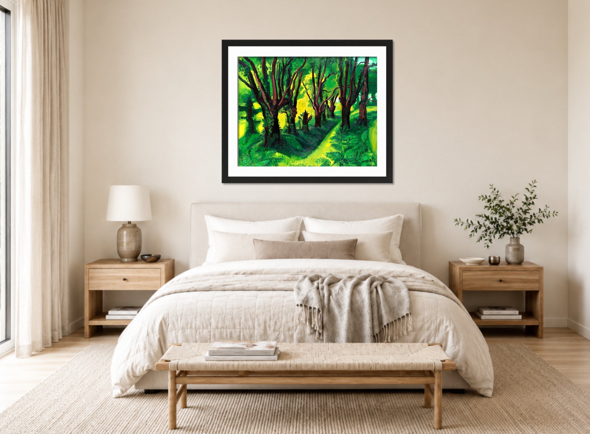 Hermann Max Pechstein Print, Forest in the Pyrenees (1931) displayed above a bed