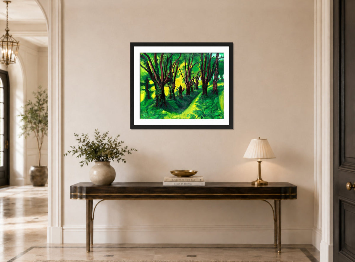 Hermann Max Pechstein Print, Forest in the Pyrenees (1931) displayed above a console table