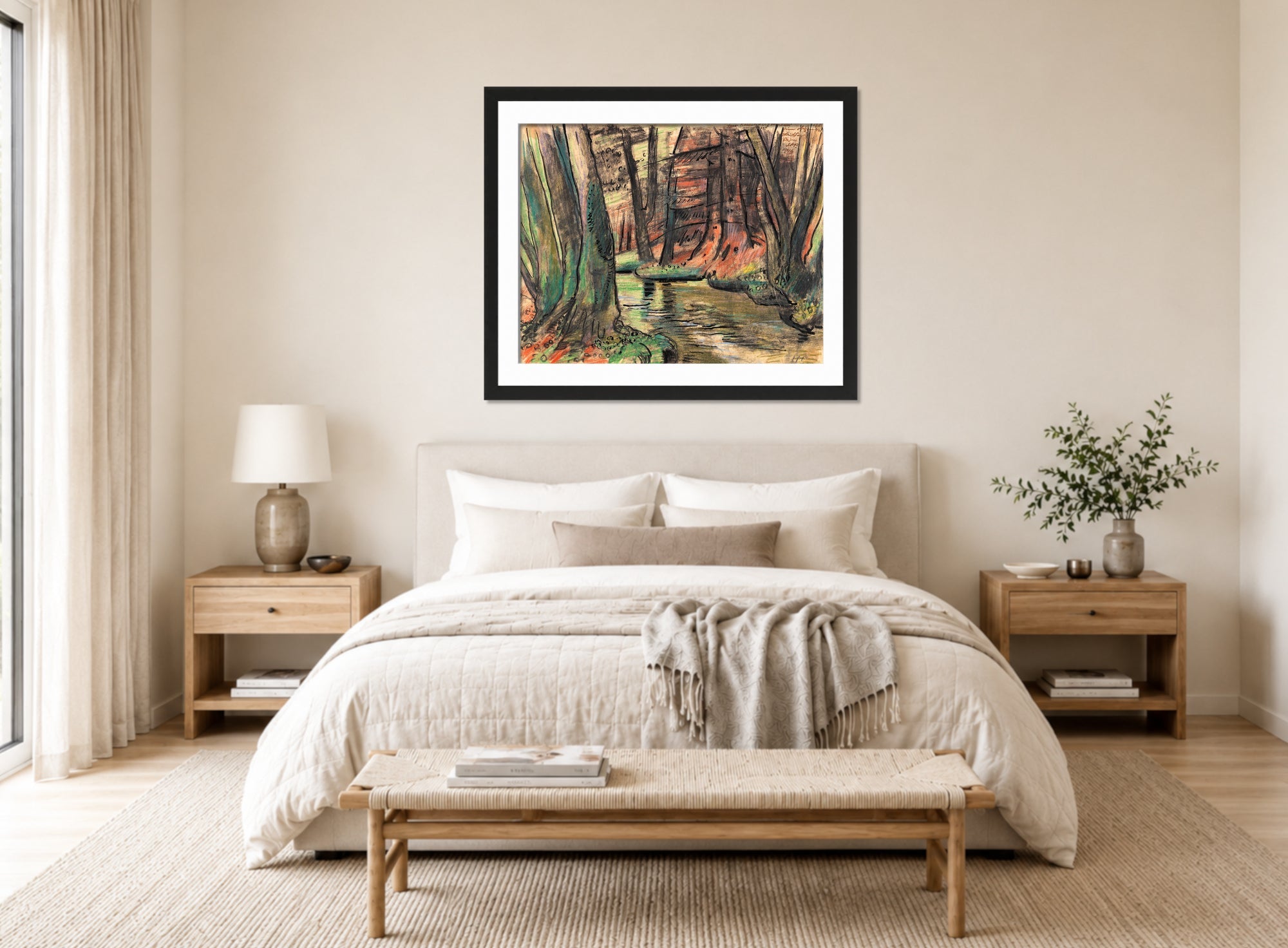 Hermann Max Pechstein Print, Forest Interior (1937) displayed above a bed