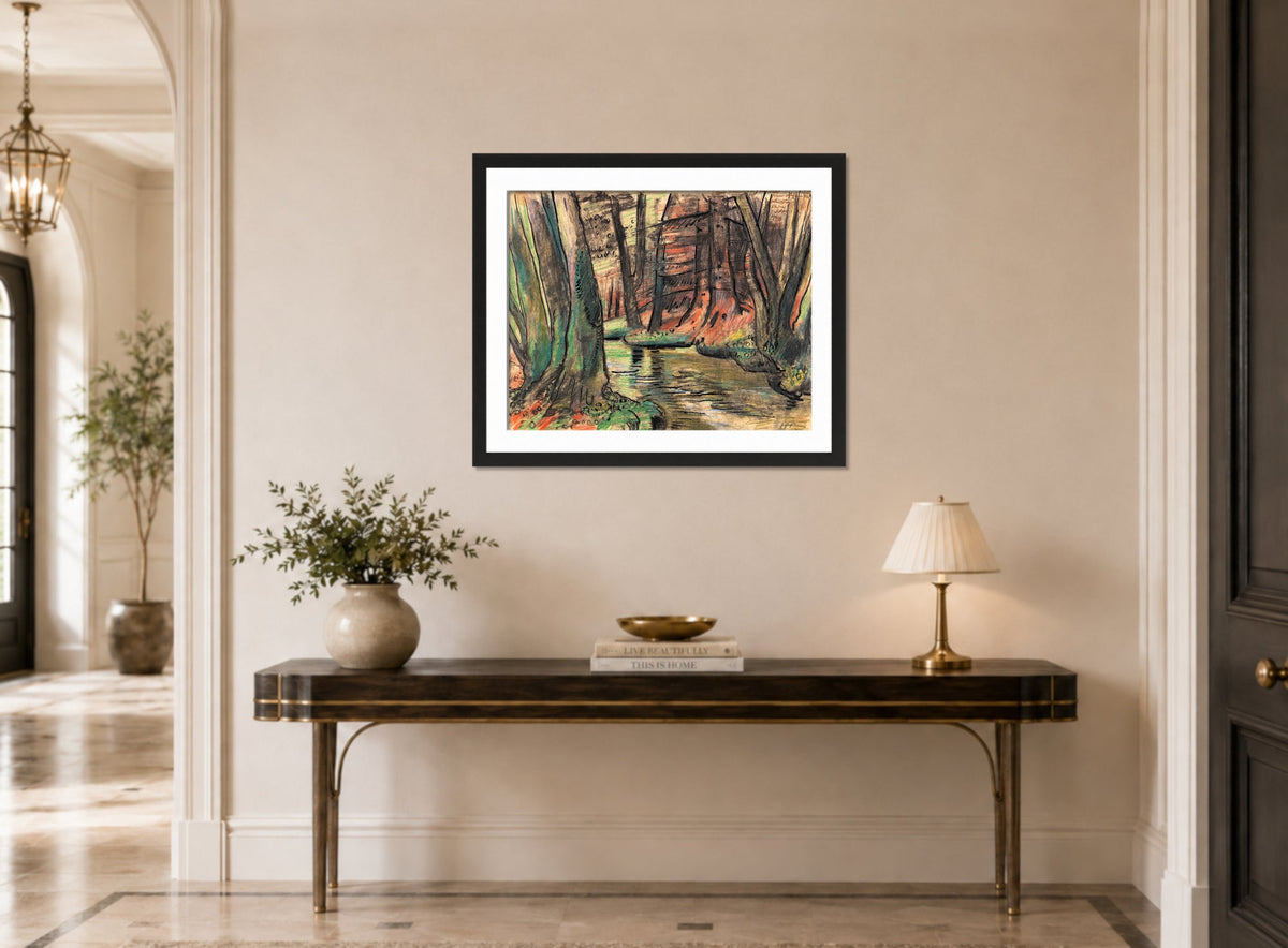 Hermann Max Pechstein Print, Forest Interior (1937) displayed above a console table