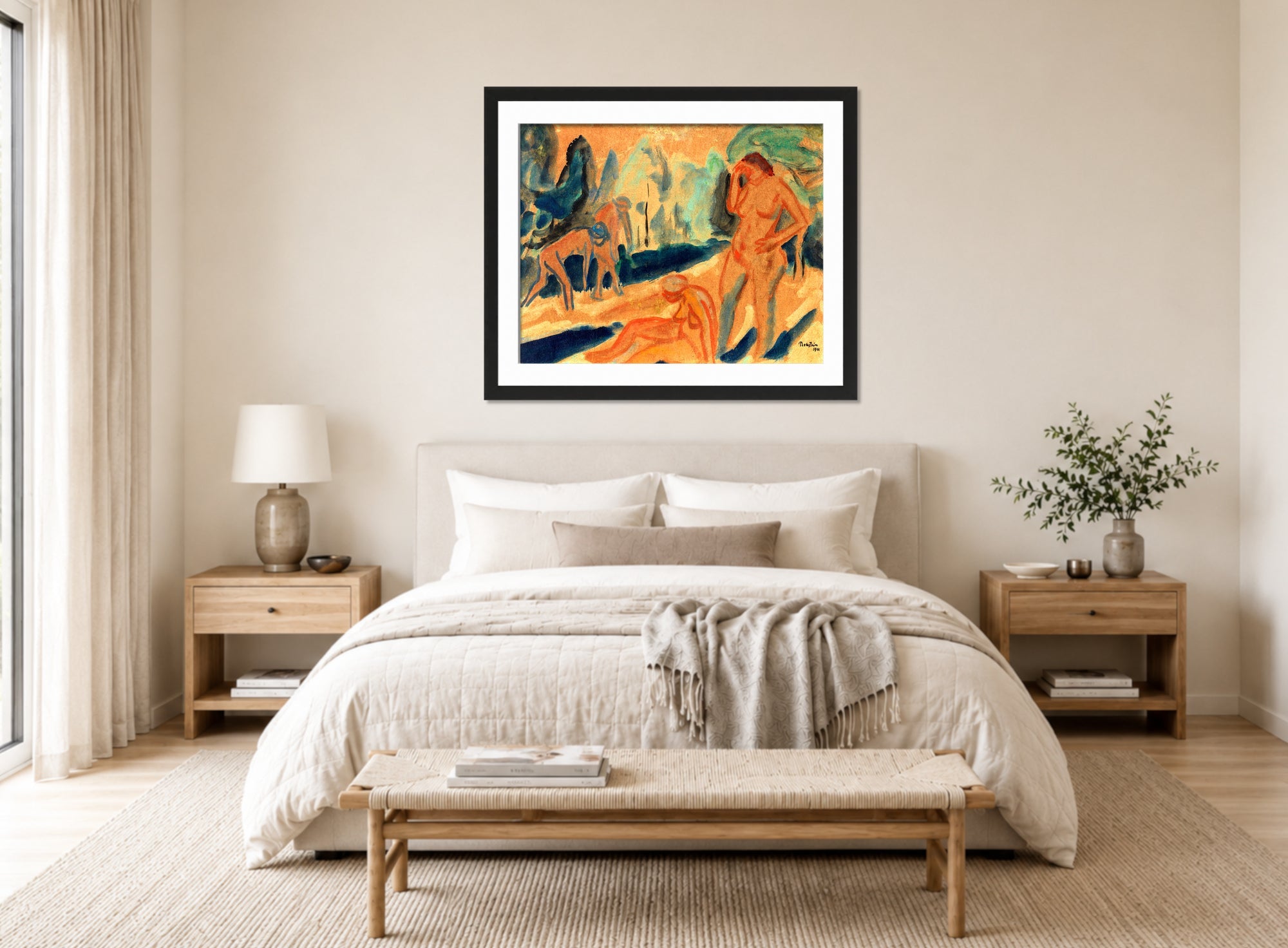 Hermann Max Pechstein Print, Four Bathers (1911) displayed above a bed